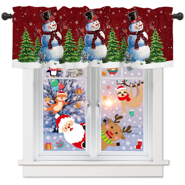 Christmas Valance for Window - Snowman Toppers Curtain Valance Rod Pocket Xmas Tree Bird Falling Snowflake Dreamlike Red Window Treatment for Living Room/ Bedroom/ Farmhouse, 52" W x 18" L, 1 Panel