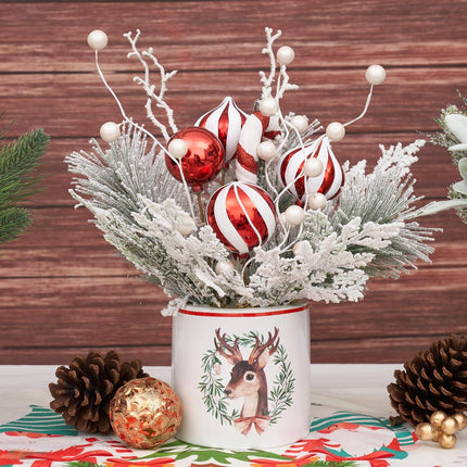 Plus tard Christmas Table Decor 12 Inches Ceramic Potted Snow Flocked Pine Needle White Berry Red Ornaments Decorative Holiday Tree Tabletop Xmas Centerpiece Decor