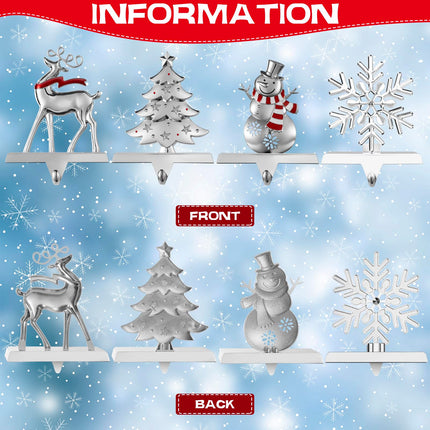 4 Pack Snowflake Christmas Stocking Holder Set for Mantle Christmas Decorations Holiday Mantle Fireplace Topper - Snowflake Snowman Reindeer and Christmas Tree Hangers Decorative Metal Hanger