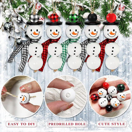TREWAVE 205 Pieces Christmas Snowman Wooden Beads Craft Project Natural Polished Wood Bead with Twine, Winter Christmas Tree Hanging Ornaments, Rustic DIY Garland Decoration for Home (Snowman)