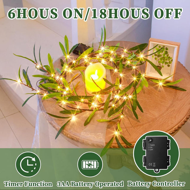 Vanthylit Lighted Artificial Olive Garland, 6FT LED Faux Greenery Vine Garland Lights Battery Operated with Timer for for Mantel Fireplace Wedding Christmas Holiday Home Decor