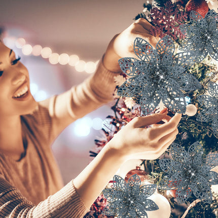 WILLBOND 36 Pieces Christmas Poinsettia Flowers Artificial Ornaments Glitter Christmas Decorations Tree Wedding Year(Dusty Blue)