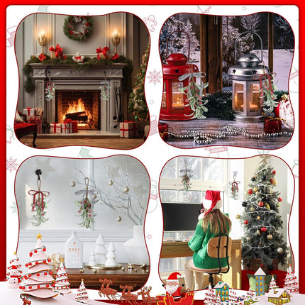 2 Pcs Christmas Mistletoe Decor, Xmas Mistletoe Hanging Ornament with Plaid Bow, Artificial Red Berry Mistletoe Decorations Glitter Christmas Tree Accessories Mistletoe Kissing Ball(Red+White)