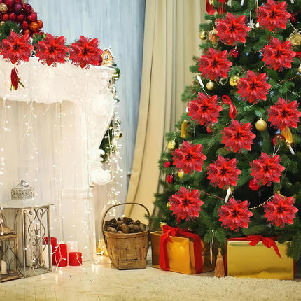 Poinsettias Glitter Artificial Christmas Flowers,20Pcs 5.5" Christmas Tree Decor Christmas Ornaments Glitter Poinsettia with Clips , Christmas Decorations for Xmas Tree Wedding Party Holiday Red