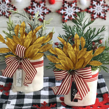 Felice Arts 6 Pack Artificial Golden Glitter Leaves 13" Fake Christmas Picks Decorative Glitter Sticks for Vase Christmas Tree DIY Wreath Crafts Fireplace Decor