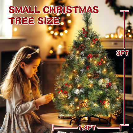 3FT Christmas Tree - Flocked Xmas Tree with 70 LED Lights & 8 Modes, Lifelike Pine Branches, Decorated with 10 Red Berries & 10 Pine Cones, Small Tabletop Christmas Tree for Home Apartment Office Dorm