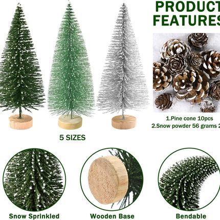 Set of 35PCS Mini Christmas Tree, Christmas Pine Cones, 2oz Fake Snow Powder, Mixed Christmas Decoration, Xmas Village Displays Winter DIY Crafts (Classic Green)