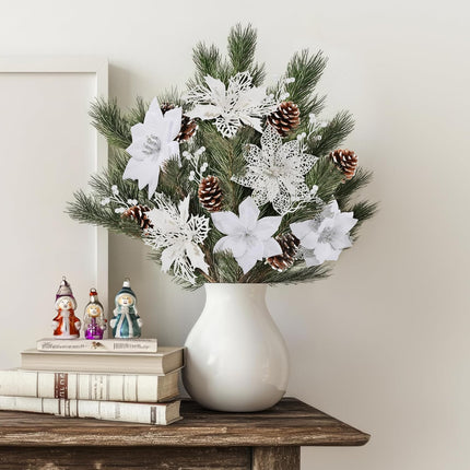 56 Pcs Christmas Tree Decorations, Christmas Ornaments Set with Poinsettias Artificial Christmas Flowers, Berry Branches and Pine Cones, Christmas Decor for Tree/Wreath/Garland(White)