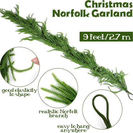 1 Pack Christmas Norfolk Garlands Set 9 Feet Artificial Winter Pine Garland Light String Faux Greenery Garland Green Pine Garland for Xmas Holiday Home Indoor Decor