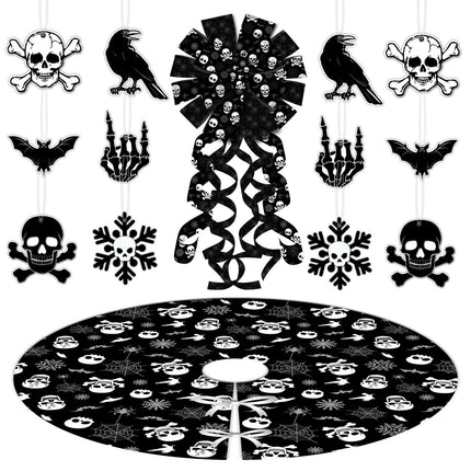 Black Gothic Christmas Tree Decorations with Scary Skull Christmas Tree Skirt, Large Decorative Tree Topper Bow, 12Pcs Tree Hanging Ornaments for Winter Halloween Xmas Tree Decor