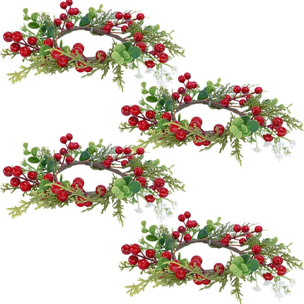 Winlyn 4 Pcs Artificial Eucalyptus Cedar Berry Candle Rings Christmas Candle Holder Wreath Rings Faux Cedar Twigs Wreath Mini Window Wreaths 12.2" Wide Winter Wedding Holiday Party Table Decoration