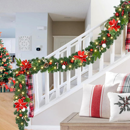 Christmas Garland with Lights, 9Ft Prelit Christmas Garland with Pinecones Red Berries Bows Christmas Balls Candies for Christmas Decorations and Holiday Mantle Fireplace Decor