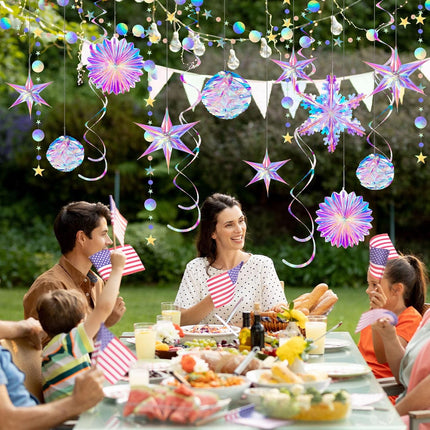 Jerify 37 Pieces Home Iridescent Holographic Garland Iridescent Party Supplies Kit Christmas Snowflake Hanging Honeycomb Ball Decorative Christmas Paper Fan Snowflake Garlands Star Hanging Swirl Disco