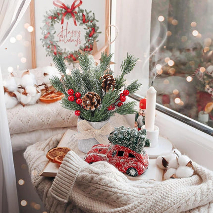 HUAESIN Small Christmas Table Decorations 9.4 Inch Tabletop Mini Christmas Centerpiece Potted Christmas Tree with Pinecones and Berries, Xmas Fake Plants for Tables Home Mantel Holiday Decor, 3 Pack