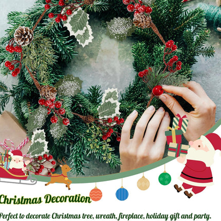 Cekene 12PC Artificial Christmas Pine Picks Branches Assorted Christmas Red Berry Picks with Pine Cones Faux Holly Stems Branches Holiday Floral Picks for Christmas Decoration Wreath Garland DIY