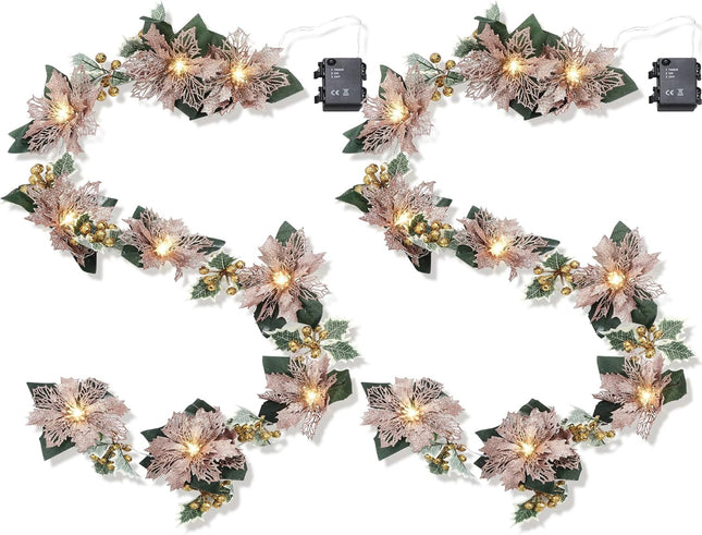 Jexine 2 Pcs Christmas Glitter Artificial Poinsettia Garland 6.5 ft 10 LEDs Faux Flower Xmas String Lights Poinsettia Garland with Lights Gold Berries Holly Leaves for Indoor Outdoor Decor