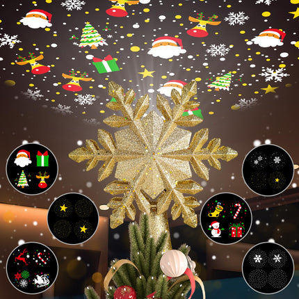 Christmas Tree Topper Lighted Star with Projector Light 6 HD Effects, 3D Glitter Gold Christmas Tree Star Topper Christmas Projector Lights Indoor for Home Xmas Christmas Tree Decorations