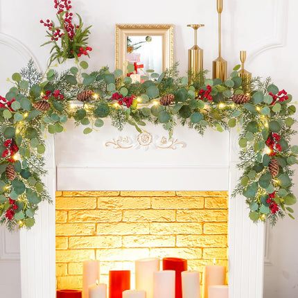 Waipfaru Christmas Decorations, 5.9FT Christmas Garland with Lights, Prelit Lighted Christmas Greenery Cedar Garland Cypress for Home Table Mantel Stair Railing Indoor Outdoor Xmas Decor