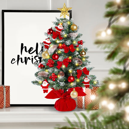 Sggvecsy 23.6’’ Mini Snow Frosted Christmas Tree Table Top Lighted Artificial Xmas Tree Star Treetop Pine Cones Red Bows Balls Santa Clause Red Berries Hanging Ornaments DIY Holiday Indoor Decorations