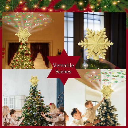 Christmas Tree Topper Lighted with 8 Projection Modes, Christmas Star Tree Topper LED Rotating Lights, 3D Gold Snowflake Star Tree Top Glitter Projector for Xmas Party Holiday Decorations