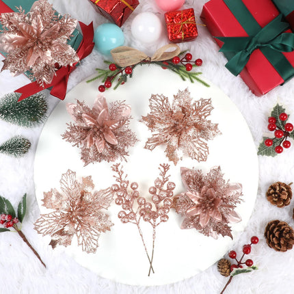 22 Pcs Rose Gold Christmas Poinsettia Artificial Flowers and Glitter Berries Stems Kit, Christmas Poinsettias Decorations and Christmas Tree Ornaments for Xmas Home Wedding Holiday Tree Decor