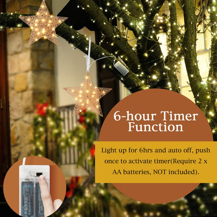 Lewondr Hanging Light Star Shape, 11.8 Inch Lighted Decorative Hanging Ornament, Battery Operated Iron Wire LED Decor Light for Xmas Holiday Room Home Party for Christmas, Timer Function, Rose Gold