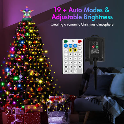 Solar Christmas Tree Lights with Star Topper, 410 LED 6.6FT x 16 Lines Christmas String Lights with 19 Models Timer Remote, Waterfall Tree Lights USB Powered for Xmas Tree(Warm White & Multi-Colored)