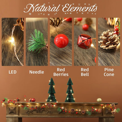 Christmas Garland with Lights, 6.6FT Pinecones Christmas String Lights with Red Berries, Bells & Needles, 20 LED Battery Operated Prelit Garland for Indoor/Outdoor Christmas Decorations (Warm White)
