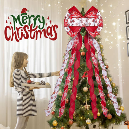 Christmas Tree Topper Wreath Bow, 48x13 Inches Large Christmas Bow with White Snowflakes, Decorative Ribbon Bows for Xmas Tree Wreath Door Festival Home Decor(Red & White)