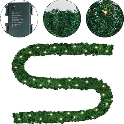 MorTime 17.7 FT LED Christmas Garland, Pre-Lit Artificial Garland for Indoor Outdoor Christmas Decorations Multi-Function Green Christmas Garland with 100 Warm White LED Lights