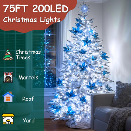 75FT 200 LED Christmas Lights, Outdoor Waterproof Fairy Lights, 8 Modes with 3 Timer Options, Plug-in String Lights for Indoor Use Ideal for Christmas Tree, Bedroom, Wedding Decorations