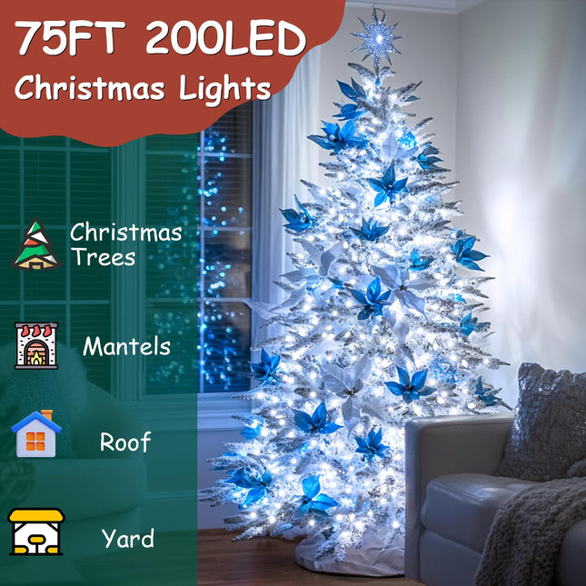 75FT 200 LED Christmas Lights, Outdoor Waterproof Fairy Lights, 8 Modes with 3 Timer Options, Plug-in String Lights for Indoor Use Ideal for Christmas Tree, Bedroom, Wedding Decorations