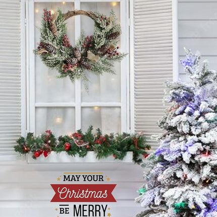 Christmas Artificial Wreath for Front Door, Outdoor Christmas Wreath Flocked with Mixed Decorations, Holiday Greenery Wreath with Pinecones, Red Berries, and Snowflake, 23 inches