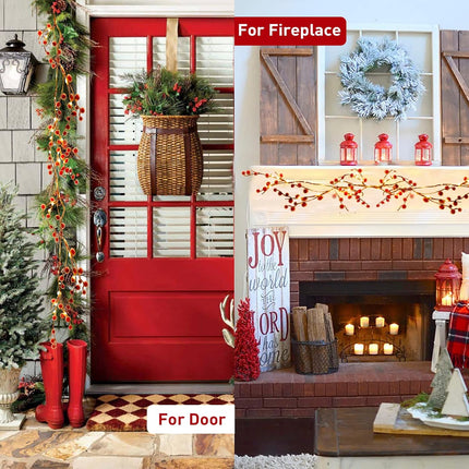 EAMBRITE Lighted Red Berry Garland, 6 FT 88 LED Christmas Garland with Warm White Lighs, Battery Operated Garland with Timer Christmas Decorations for Fireplace Mantle Mantel Indoor Outdoor Use