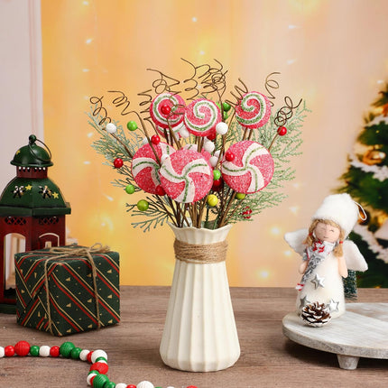 Yinkin 6 Pcs Peppermint Candy Cane Pick Spray Ornament 13 Inches Red Green White Stripe Lollipop Sprays Floral Berry Christmas Picks and Sprays for Christmas Tree Wreath Decoration Home Party Craft