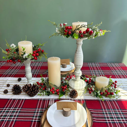 Winlyn 4 Pcs Artificial Eucalyptus Cedar Berry Candle Rings Christmas Candle Holder Wreath Rings Faux Cedar Twigs Wreath Mini Window Wreaths 12.2" Wide Winter Wedding Holiday Party Table Decoration