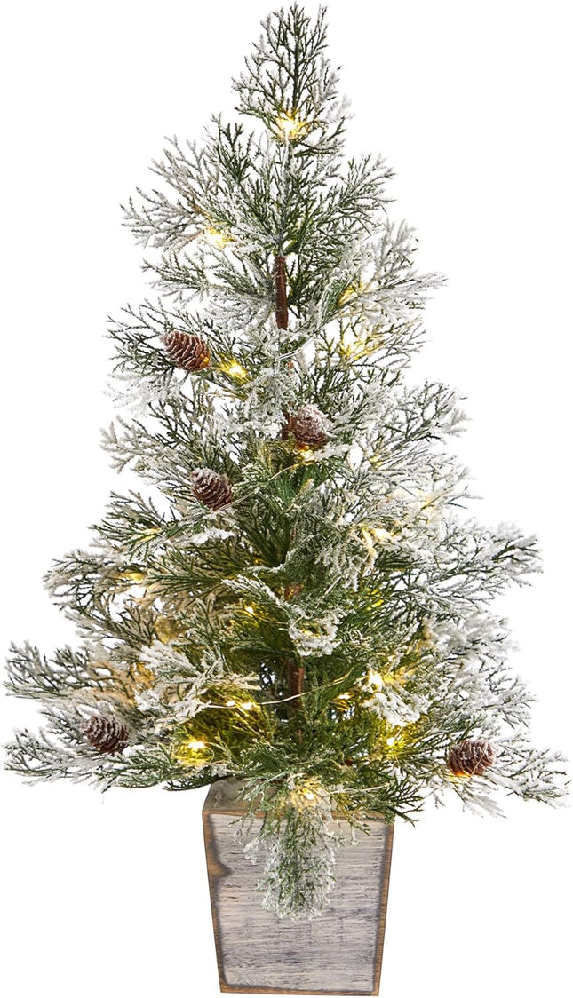 Nearly Natural 2ft. Frosted Pre-Lit Artificial Christmas Tree with Pinecones in Decorative Planter