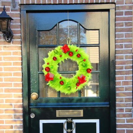 Lyrow Christmas Wreath Green Elf Wreath 20 Inch Lime Green Plush Xmas Door Wreath Elf Wreath Winter Wreath with Mini Christmas Balls, Boxes for Front Door Wall Window Fireplace Door Tree Decor