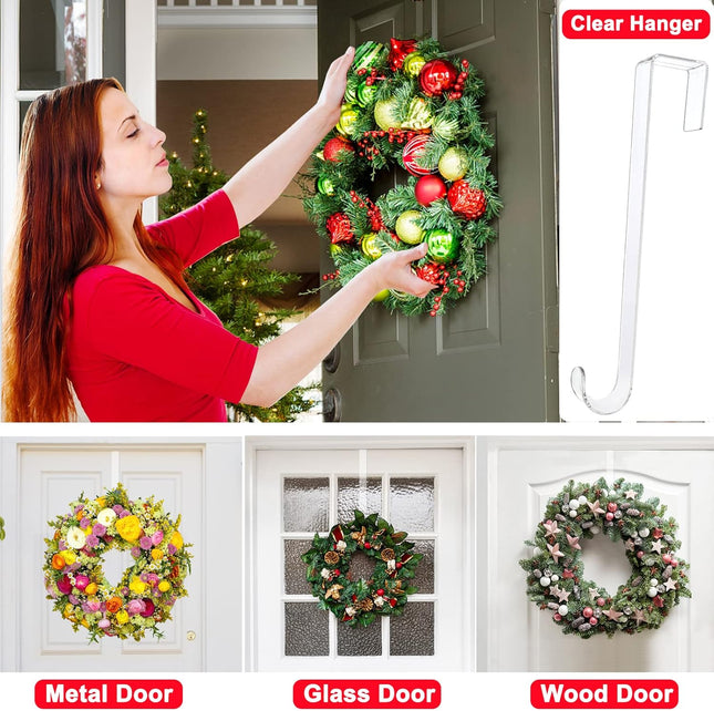 Wreath Hangers for Front Door,12" Clear Wreath Door Hanger,2 Pack Wreath Hanger Non Scratch Over The Door Hooks Easter Halloween Christmas Decorations Indoor Outdoor,Welcome Sign for Front Door Decor