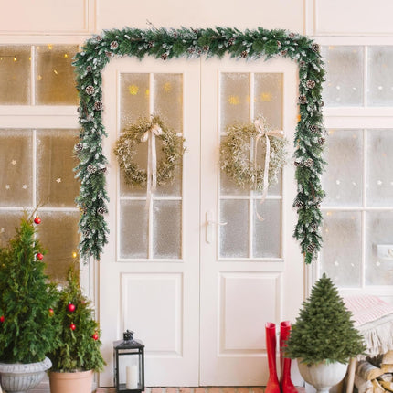9 FT Christmas Garland with 100 LED Lights Dense-Style, Battery Operated Pre-Lit Garland with Pine Cones and Snow, 8 Lighting Modes with Timer, Christmas Decor for Mantle, Fireplace
