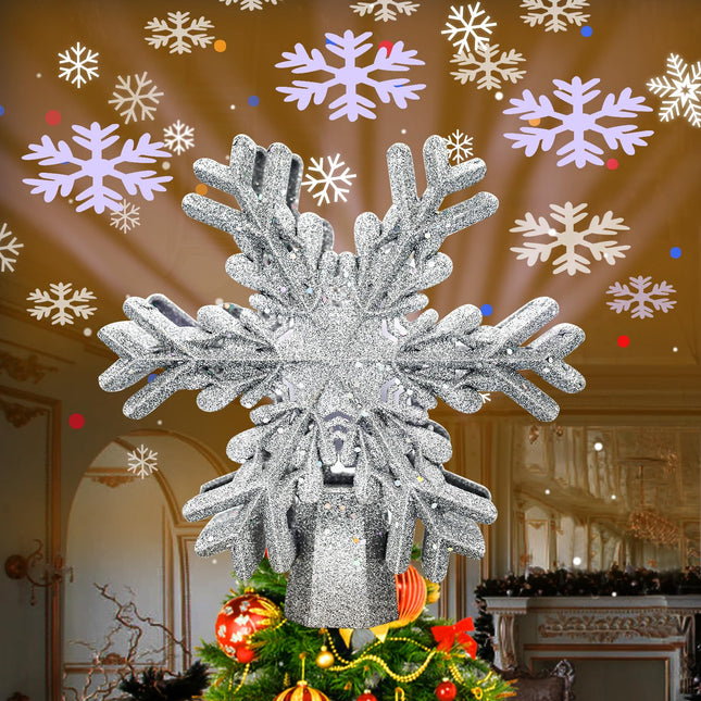 Christmas Tree Topper, Purtuemy 3D Snowflake Projection Lighted Tree Topper Christmas Decorations, 9’’ Silver Snowflake Xmas Ornaments for Indoor Year Holiday Tree Decoration, Idea