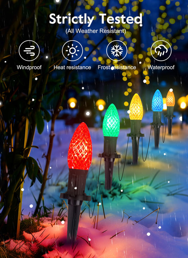 Brightown Solar C9 LED Christmas Lights Outdoor House, 50Ft 40 Faceted Bulbs Christmas Pathway Lights, Waterproof Strawberry Lights for Walkway Driveway Sidewalk Decorations Outside, Multicolor