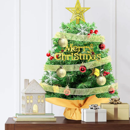 24 Inch Small Christmas Tree, Tabletop Christmas Tree with Star Treetop, Ornaments Balls, Merry Christmas Placard, Snowflakes, Golden Ribbon, Ornaments and Red Berries, Christmas Table Decorations
