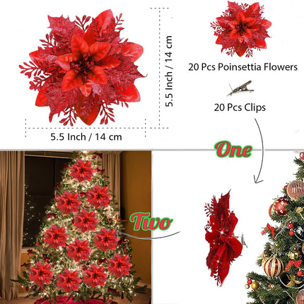 Poinsettias Glitter Artificial Christmas Flowers,20Pcs 5.5" Christmas Tree Decor Christmas Ornaments Glitter Poinsettia with Clips , Christmas Decorations for Xmas Tree Wedding Party Holiday Red