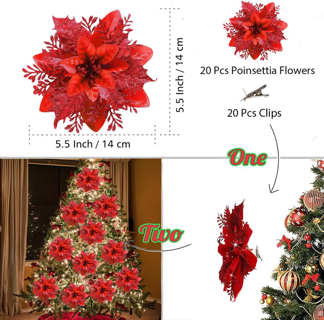 Poinsettias Glitter Artificial Christmas Flowers,20Pcs 5.5" Christmas Tree Decor Christmas Ornaments Glitter Poinsettia with Clips , Christmas Decorations for Xmas Tree Wedding Party Holiday Red