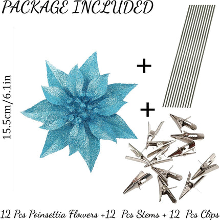 12 Pcs Artificial Christmas Flowers Lake Blue Christmas Ornaments for Tree Decoration with Clips Stems Fake Poinsettias Flowers for Xmas Holiday Wedding Party Wreath DIY