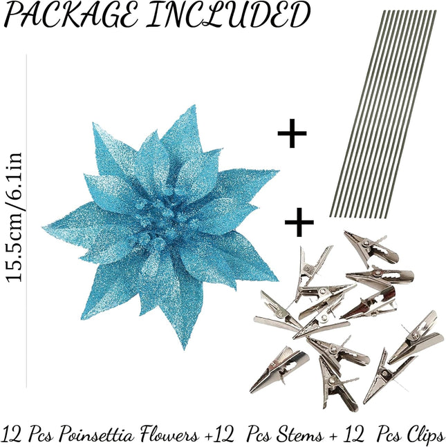 12 Pcs Artificial Christmas Flowers Lake Blue Christmas Ornaments for Tree Decoration with Clips Stems Fake Poinsettias Flowers for Xmas Holiday Wedding Party Wreath DIY