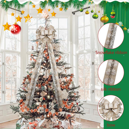 Christmas Tree Topper, 44.5 x 13 Inches Handmade Christmas Tree Topper Bow with Snowflake Large Champagne Bow with Wired Edge for Holiday Indoor & Outdoor Decoration