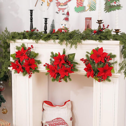 MARTINE MALL 2 Pcs Christmas Candle Rings, 12 In Artificial Poinsettia Candle Rings, Red Berry Gold Pinecones Candle Ring Holder Christmas Decoration for Pillars Rustic Wedding Centerpiece Table Decor