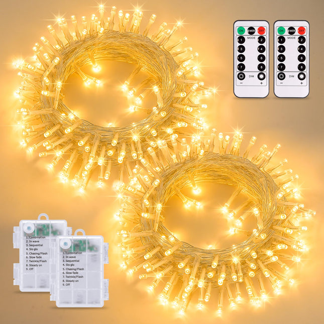 2 Pack Warm White Battery Powered Christmas Lights,Total 66ft 200 LED Battery Operated String Lights Outdoor with Remote, 8 Modes Fairly String Lights for Classroom Bedroom Christmas